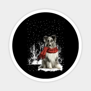 Christmas Shetland Sheepdog With Scarf In Winter Forest Magnet